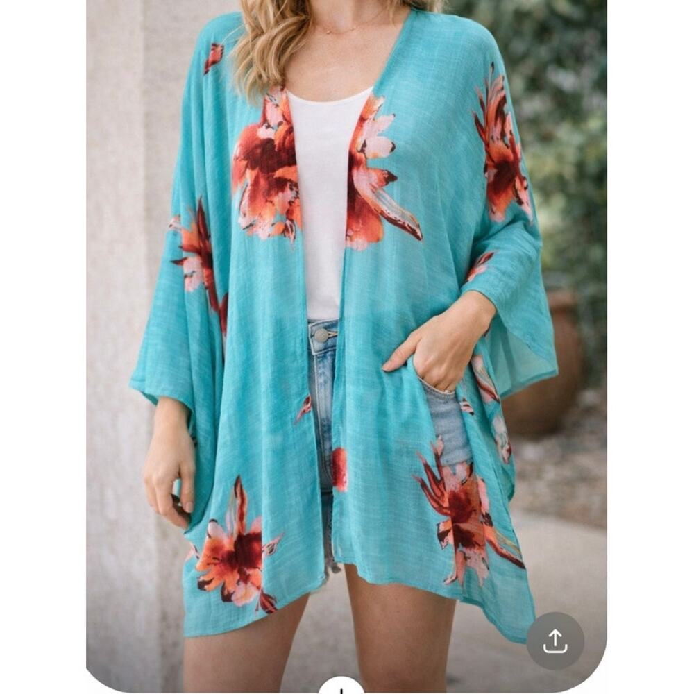 Boho Floral Kimono Cardigan Turquoise Oversized OSFM Plus vaca Beach Cover Up